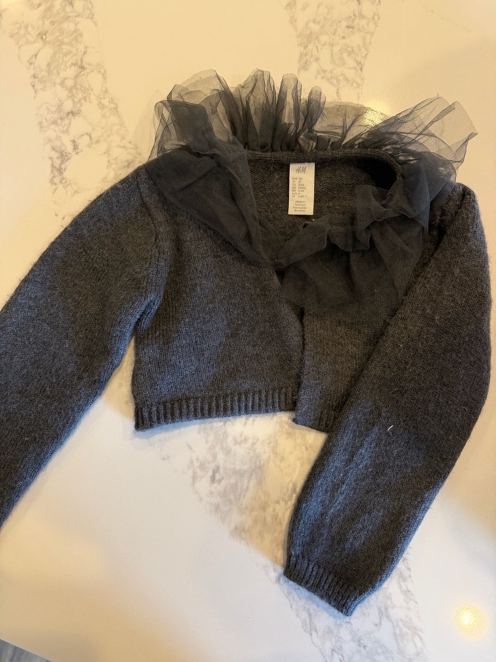 H&M Charcoal Gray Cropped Cardigan with Tulle Ruffle